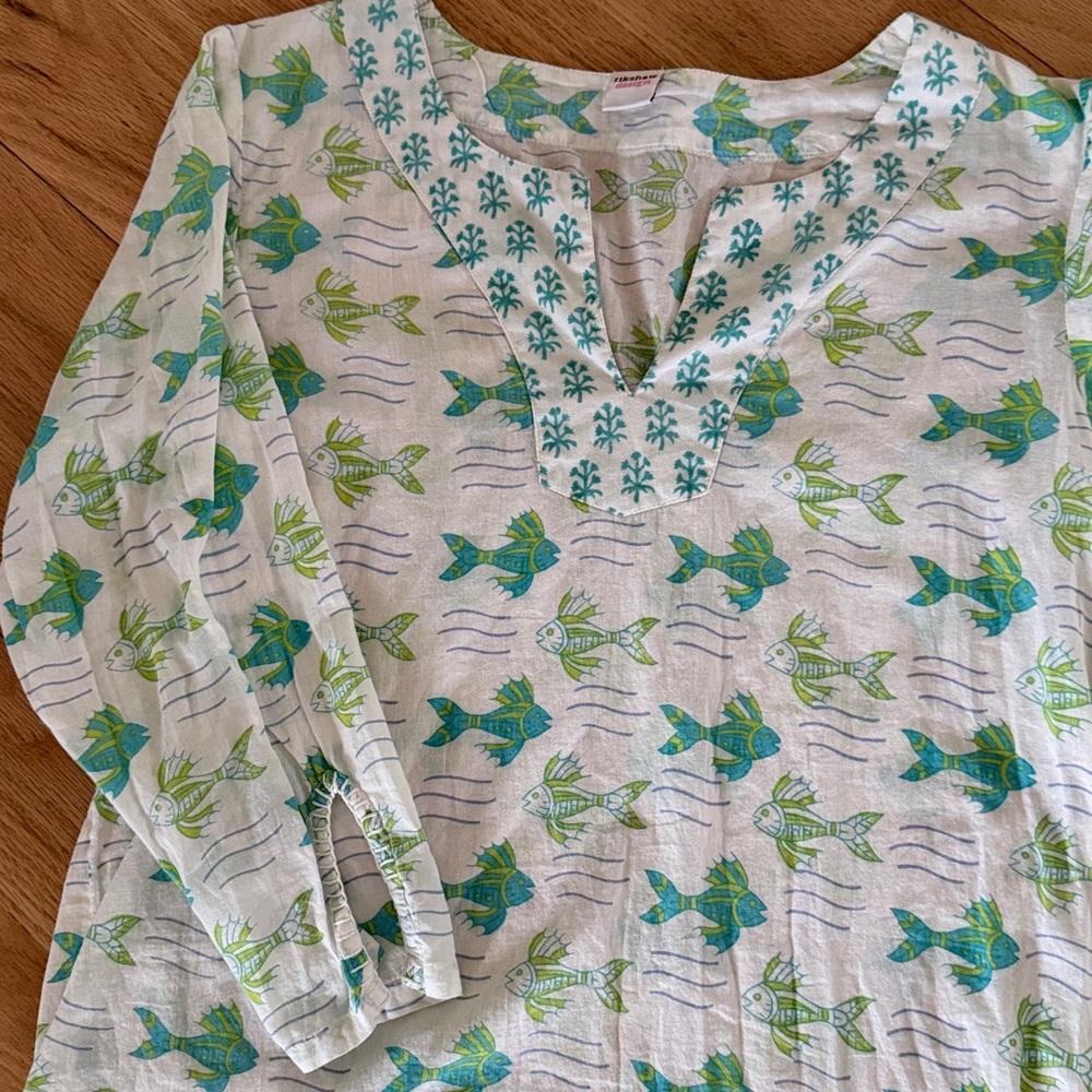 Rikshaw Design 100% cotton 3/4 sleeve block print green fish Women's sz Small - Picture 2 of 10